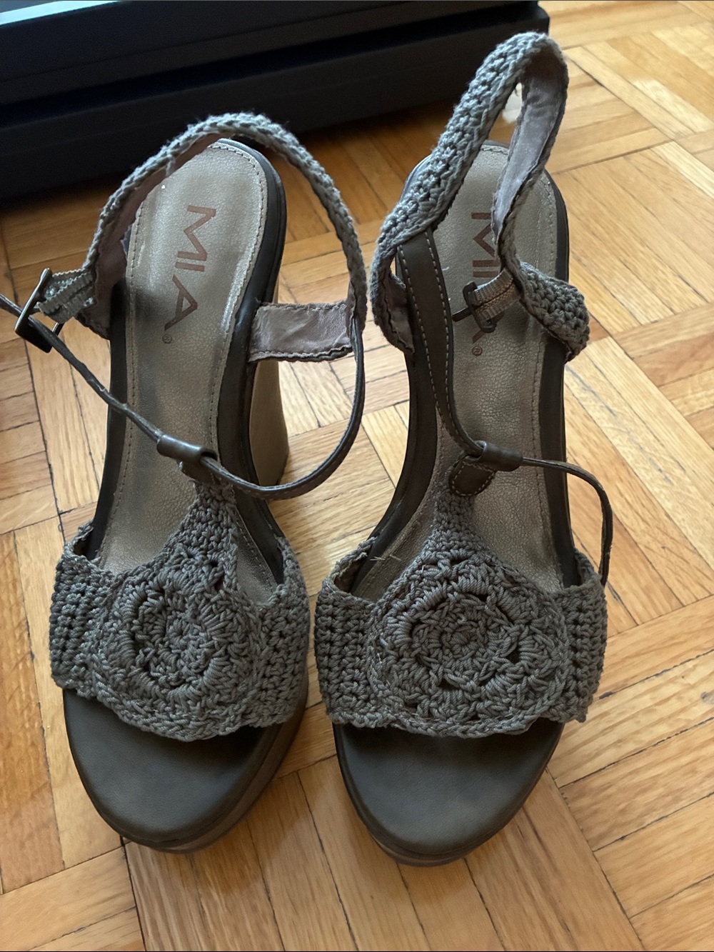 MIA Crochet Wedge Sandals in grey green